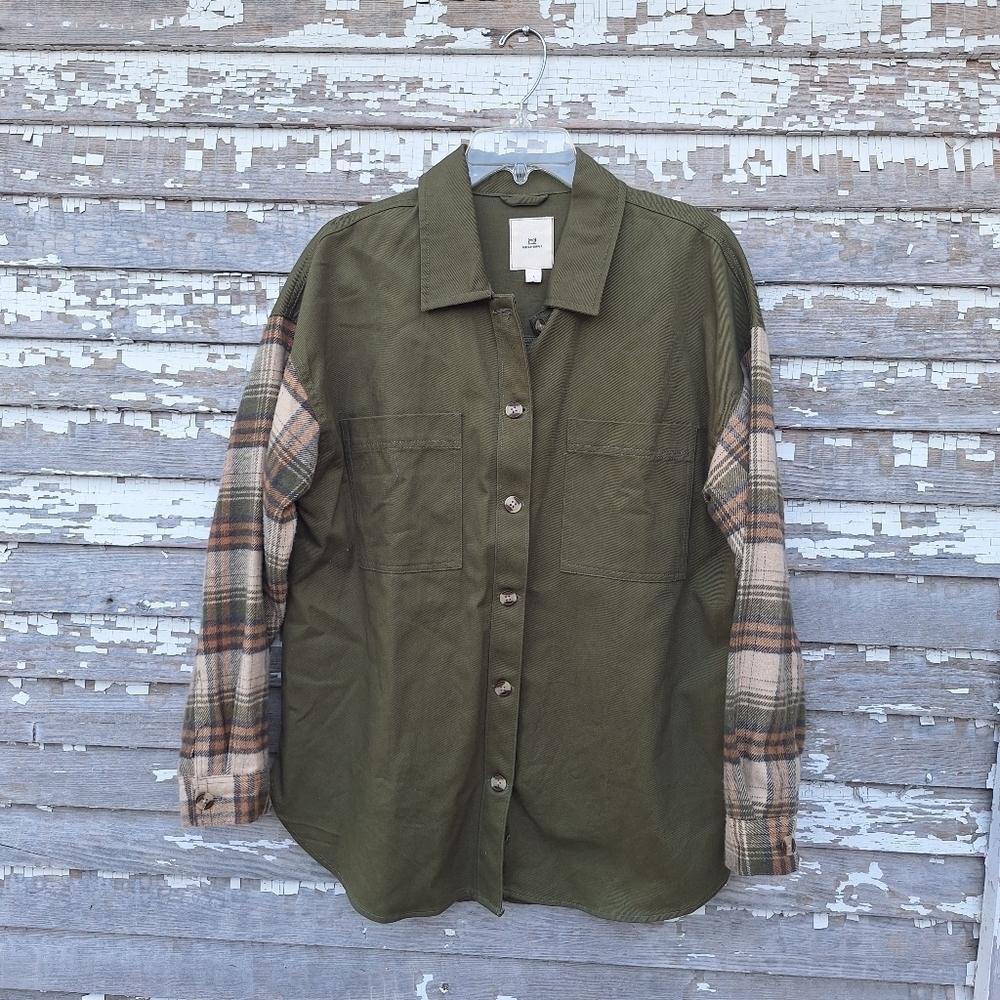 🌟 Thread & Supply Shacket Olive Green Plaid Sleeve Button-Up Shirt Size Large